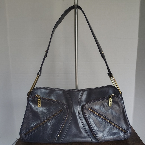 Maxx New York Handbags - MAXX New York Blue Leather Shoulder Bag M Brass Details Hardware Y2K Rectangle